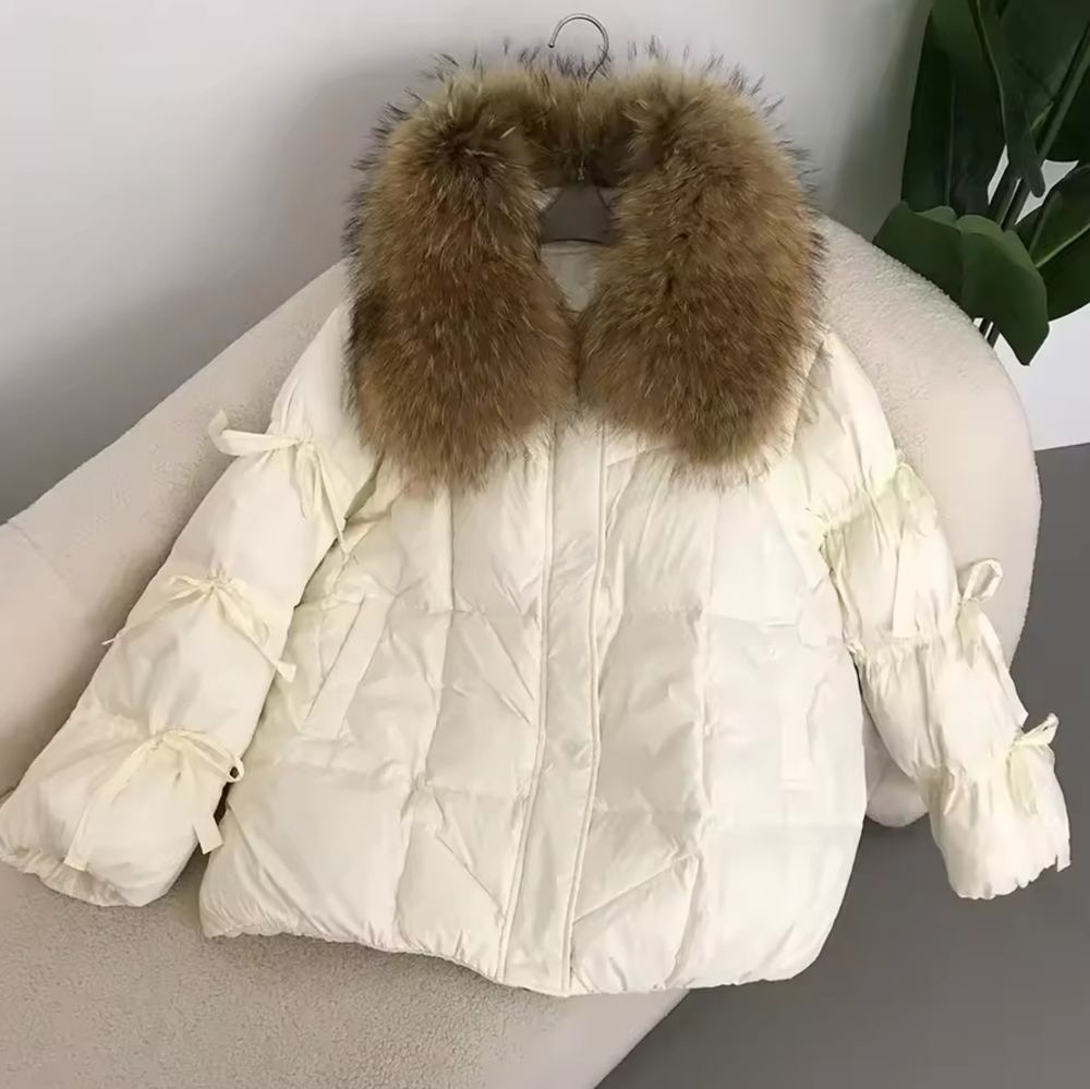 Natural Fur Coat Winter Down Coat Bow Tie Sleeve Fashion Luxury Puffer Coat - Picture 2 of 7